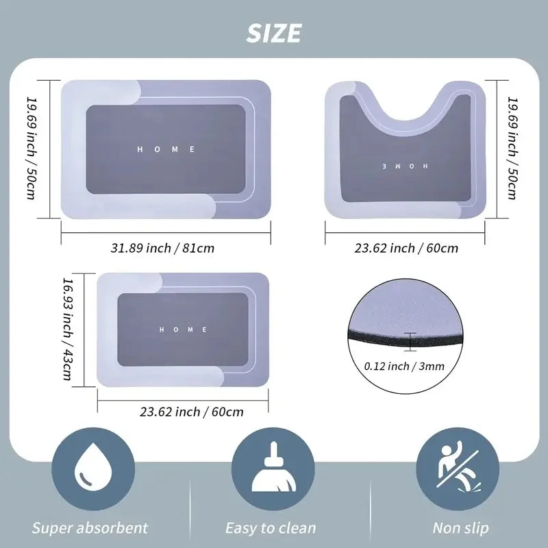 VIKAMA 3PCS U-Shaped Diatomite Bath Mat, Non-Slip Absorbent Quick Dry Floor Mat, Soft Rug Set for Bathroom Home Decor