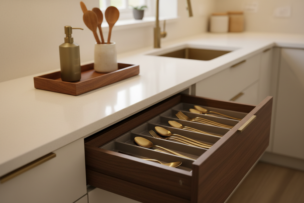 An organized kitchen drawer and a warm, uncluttered counter